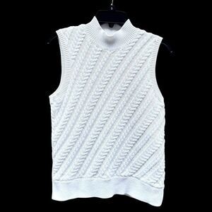 Talbots Sweater Large Petite White Cable Knit Vest Minimalist Preppy Academia